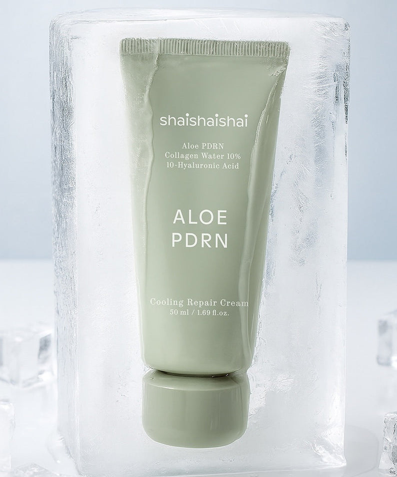 SHAISHAISHAI [1+] Aloe PDRN Cooling Repair Cream 50ml de la marque, tube vert sur glace, contexte soins visage