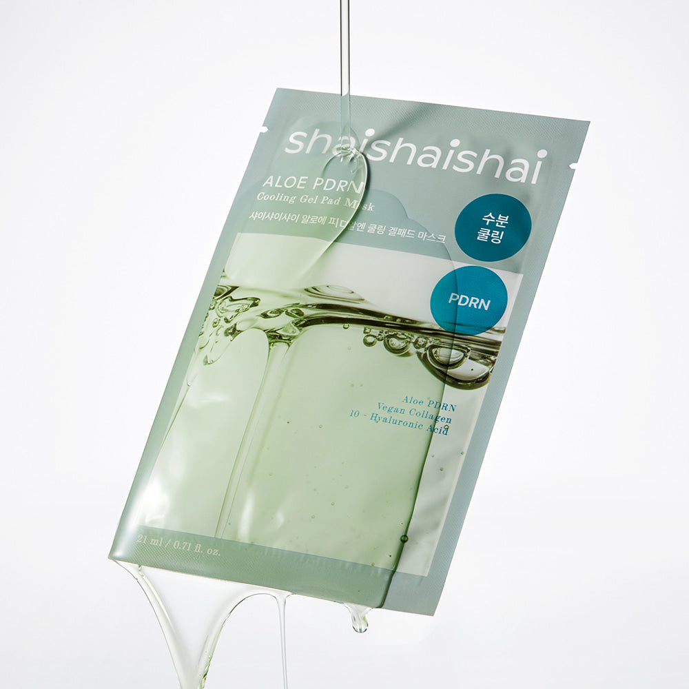 SHAISHAISHAI [10+10]Aloe PDRN Cooling Gel Pads Mask 10 Sheets, masques gel à l’aloe sur emballage vert
