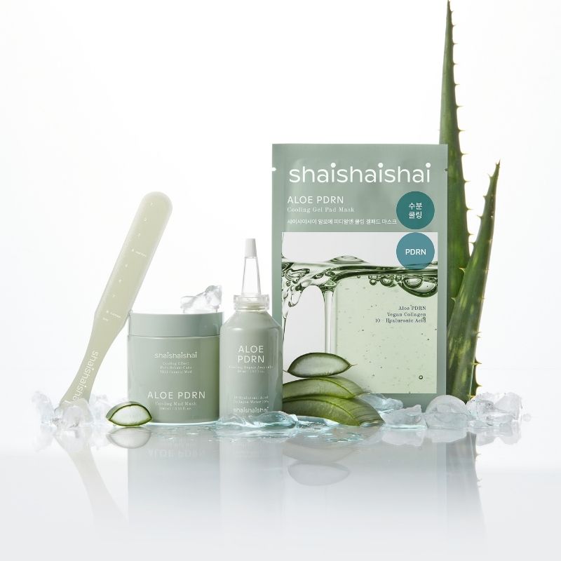 SHAISHAISHAI [10+10]Aloe PDRN Cooling Gel Pads Mask 10 Sheets sur fond clair, gel froid à l’aloe vera, marque shais|shais.