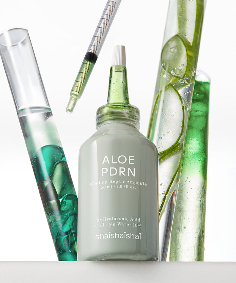 SHAISHAISHAI [1+1] Aloe PDRN Cooling Repair Ampoule 50ml, flacons et ampoules vertes avec gel, fond blanc