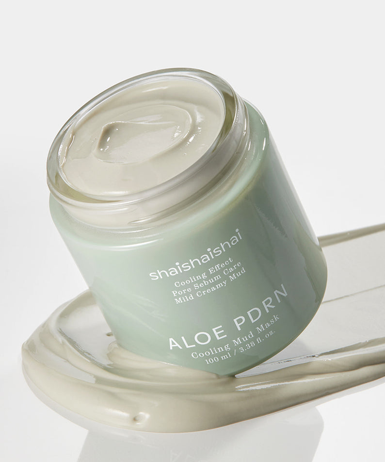 SHAISHAISHAI [1+1]Aloe PDRN Cooling Mud Mask 100ml, pot de masque à la boue verte, ambiance spa sur fond clair