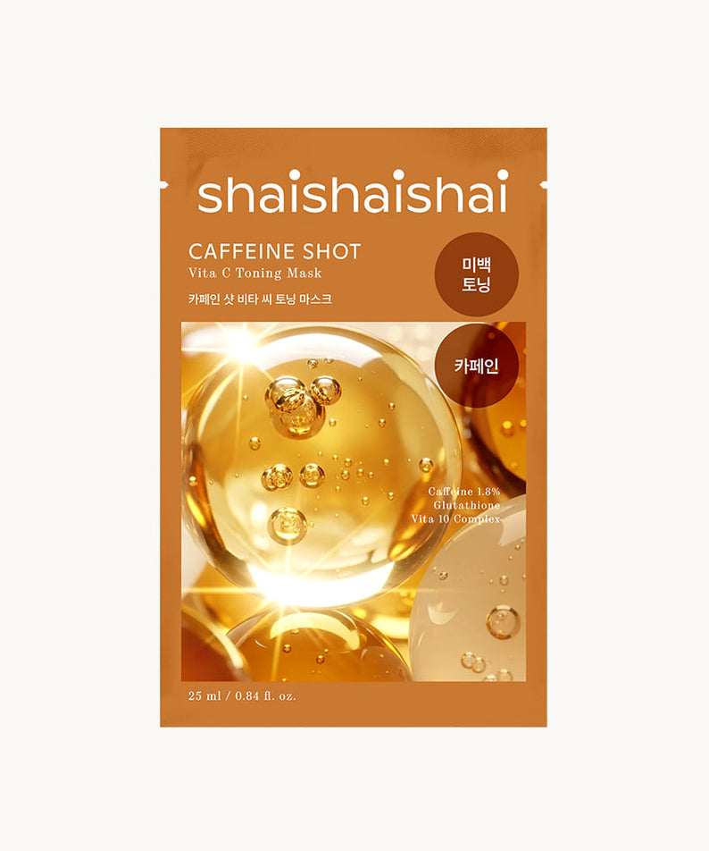 SHAISHAISHAI Caffeine Shot Vita C Toning Mask 25ml 20 sheets, masque facial en feuille, emballage doré sur fond clair.