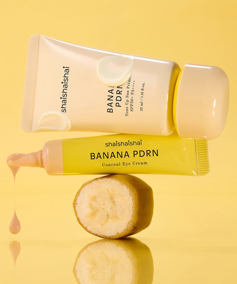 SHAISHAISHAI Banana PDRN Tone-Up Sun Primer 35ml, tube crème sur fond jaune, marque et contexte beauté.