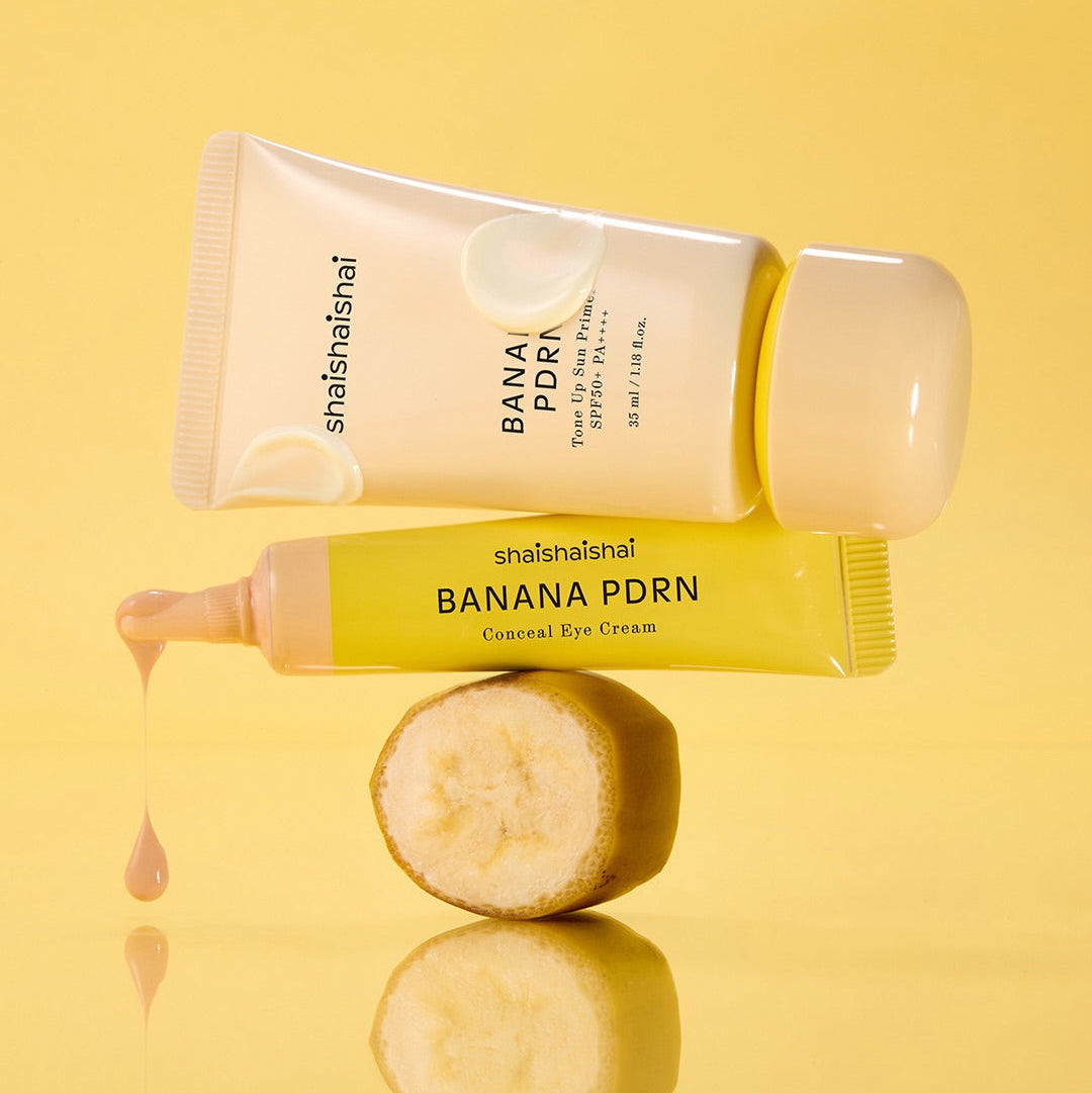 SHAISHAISHAI Banana PDRN Tone-Up Sun Primer 35ml, tube crème sur fond jaune, marque et contexte beauté.
