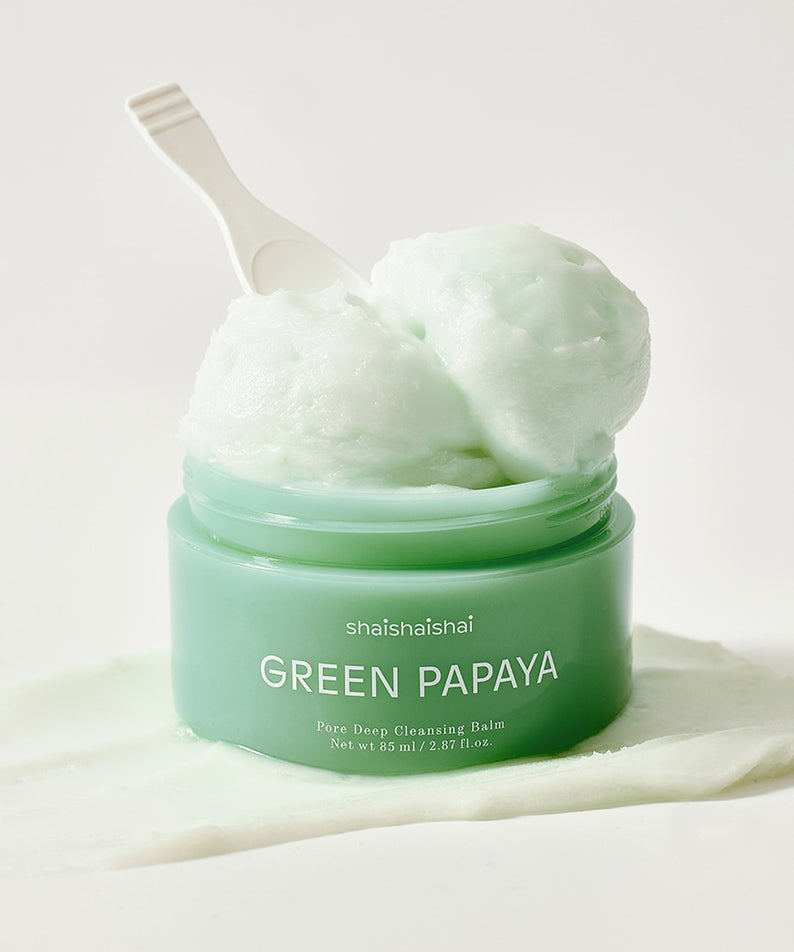 SHAISHAISHAI Green Papaya Pore Deep Cleansing Balm 85ml avec cuillère, texture crémeuse et apaisante pour le visage.