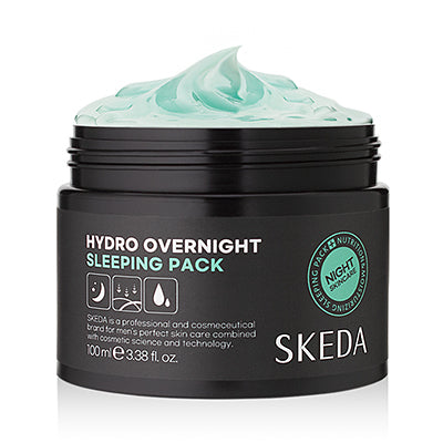 SKEDA Hydro Overninght Sleeping Pack 100ml, pot cosmétique SKEDA sur fond blanc, gel hydratant nuit en flacon