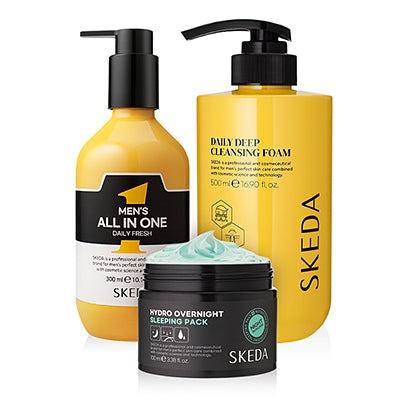 SKEDA Men's Large Capacity (Cleansing Foam+All-in-One) + Sleeping Pack 3 Pieces Set, produits cosmétiques pour homme sur fond blanc