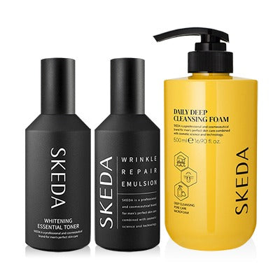 SKEDA Men's Whitteing Wrinkle Improvement (Skin+Lotion)+Large Capacity Cleansing Foam 3 Pices Set : produits SKEDA sur fond blanc