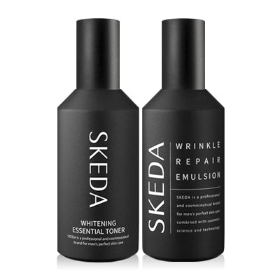 SKEDA Wrinkle & Whitening Luxury 2 Pieces Set : deux flacons Skeda noirs sur fond blanc, soins visage anti-rides et éclaircissants.