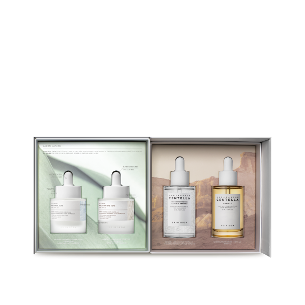 SKIN1004 Madagascar Centella Ampoule Set - 1004 Day Signature : coffret d’ampoules Centella, flacons sur fond bois, marque SKIN1004