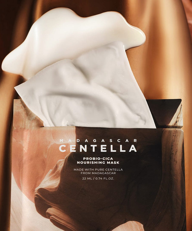 Masque nourrissant SKIN1004 Madagascar Centella Probio-cica 22ml [5 feuilles] au centella pur de Madagascar, mise en avant produit.