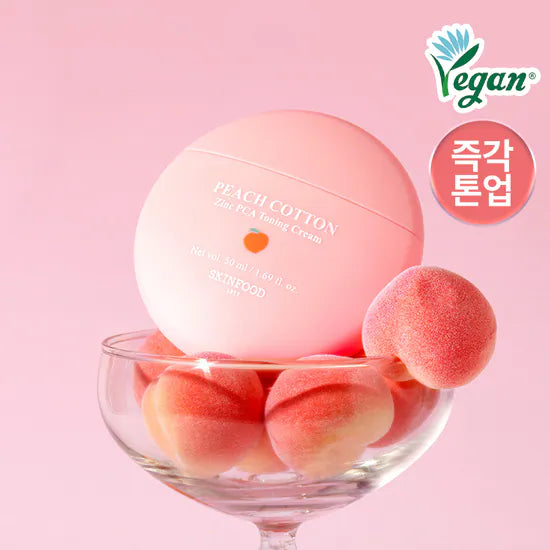 SKINFOOD [NEW] Peachy Zinc PCA Toning Cream 50ml : crème tonifiante sur fond rose, visuel avec pastilles et logo Vegan