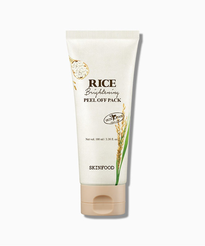 SKINFOOD [NEW] Rice Brightening Peel-Off Pack 100ml, tube crème blanc sur fond clair, visuel produit beauté en gros plan