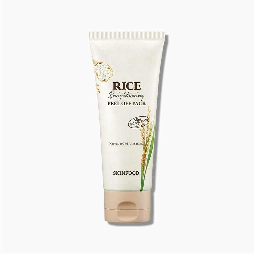 SKINFOOD [NEW] Rice Brightening Peel-Off Pack 100ml, tube crème blanc sur fond clair, visuel produit beauté en gros plan