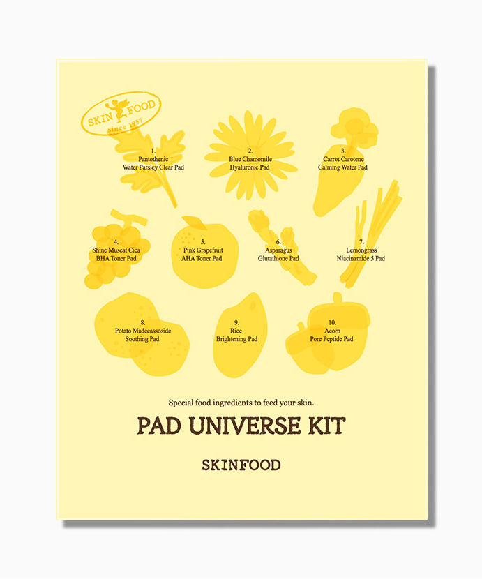 SKINFOOD Universe 10-piece Pad Kit (2 pieces x 10 pieces) : visuel pack jaune « Pad Universe Kit » sur fond clair.