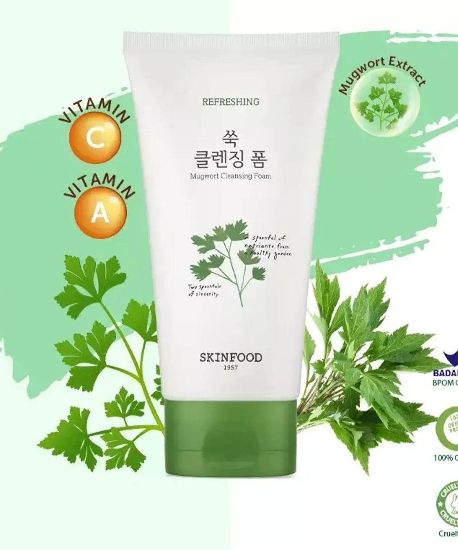 SKINFOOD Veggie Garden Mugwort Cleansing Foam 150ml, mousse nettoyante visage avec extrait d'armoise et vitamines en arrière-plan.
