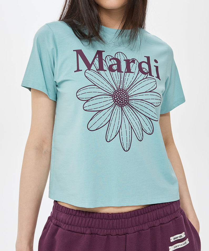 SLIM TSHIRT FLOWERMARDI_MINT PLUM Mardi Mercredi t-shirt slim bleu menthe à fleurs violet, style chic décontracté
