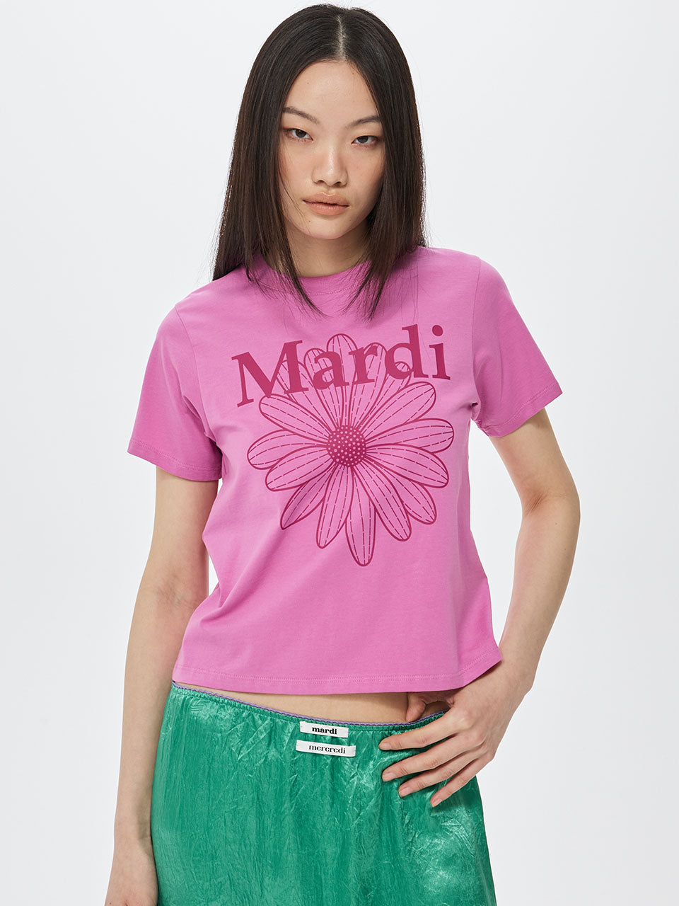 SLIM TSHIRT FLOWERMARDI_PINKLAVENDER MAGENTA, T-shirt Mardi Mercredi rose lavande, modèle chic sur fond blanc.