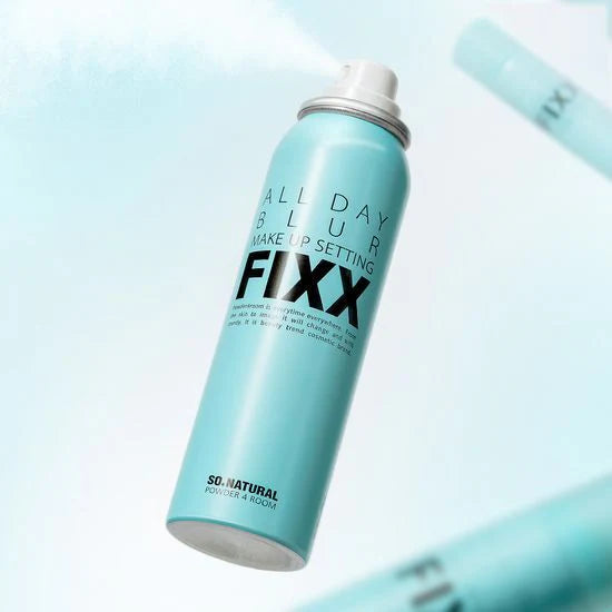 SO NATURAL All Day Blur Makeup Setting Fixer 120ml : flacon bleu sur fond clair, effet blur maquillage, présentation produit
