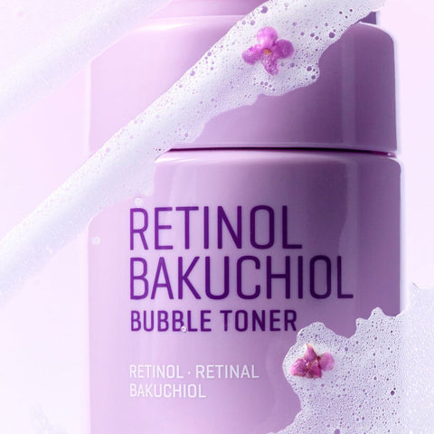 SOME BY MI Retinol Bakuchiol Bubble Toner 100ml, flacon violet en décor rose, bulles et fleurs violettes