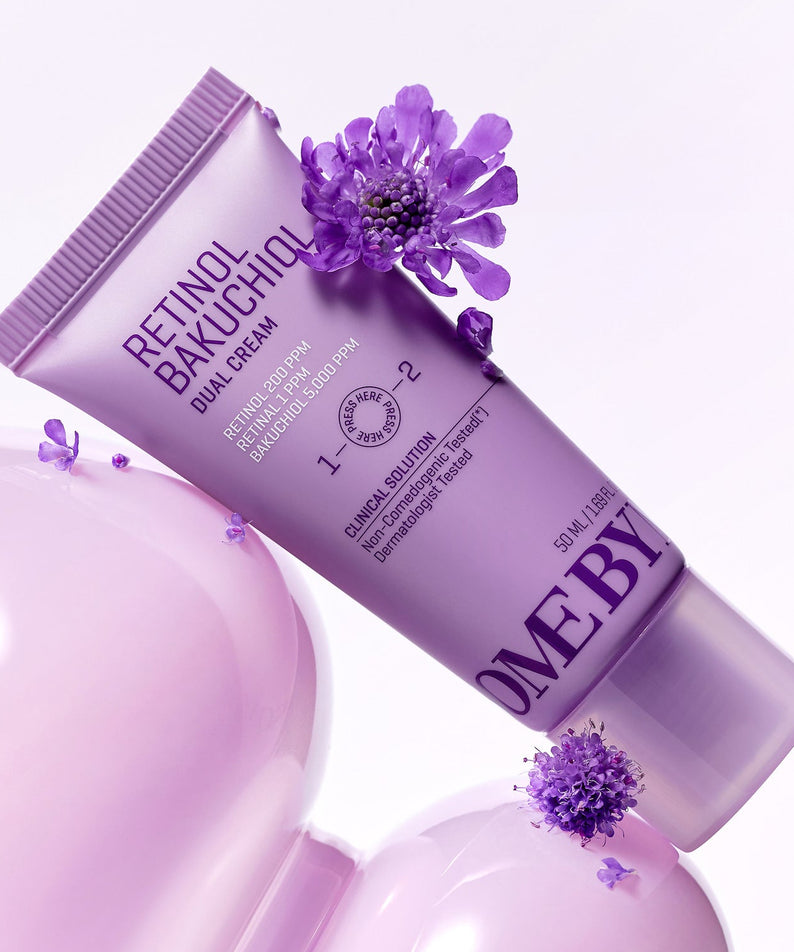 SOME BY MI Retinol Bakuchiol Dual Cream 50ml, tube violet sur fond clair avec fleurs violettes, marque SOME BY MI.