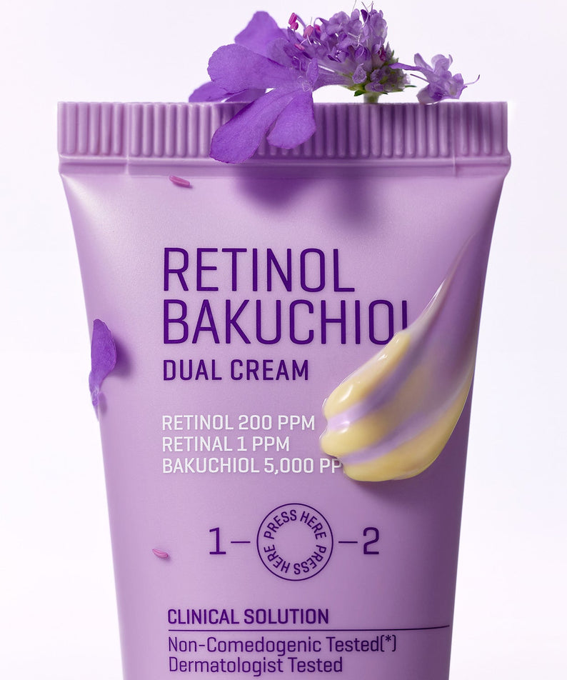 SOME BY MI Retinol Bakuchiol Dual Cream 50ml de la marque, tube violet avec fleurs violettes sur fond clair