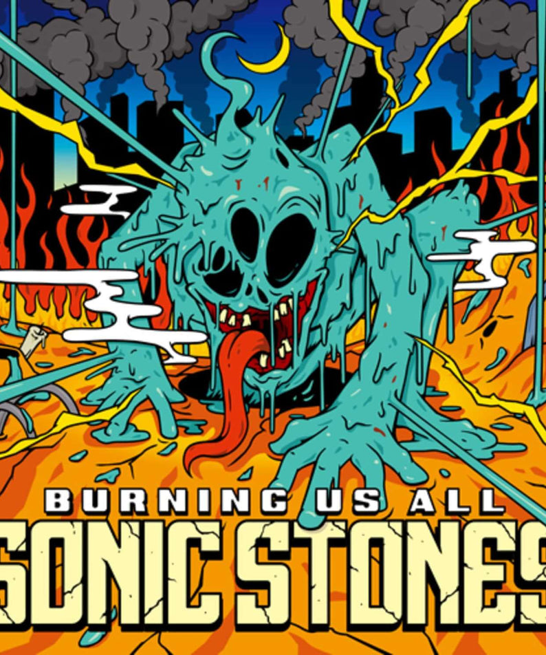 SONIC STONES - [BURNING US ALL] - Album Kpop : pochette avec crâne fumée, flammes et fumée, style graphique coloré