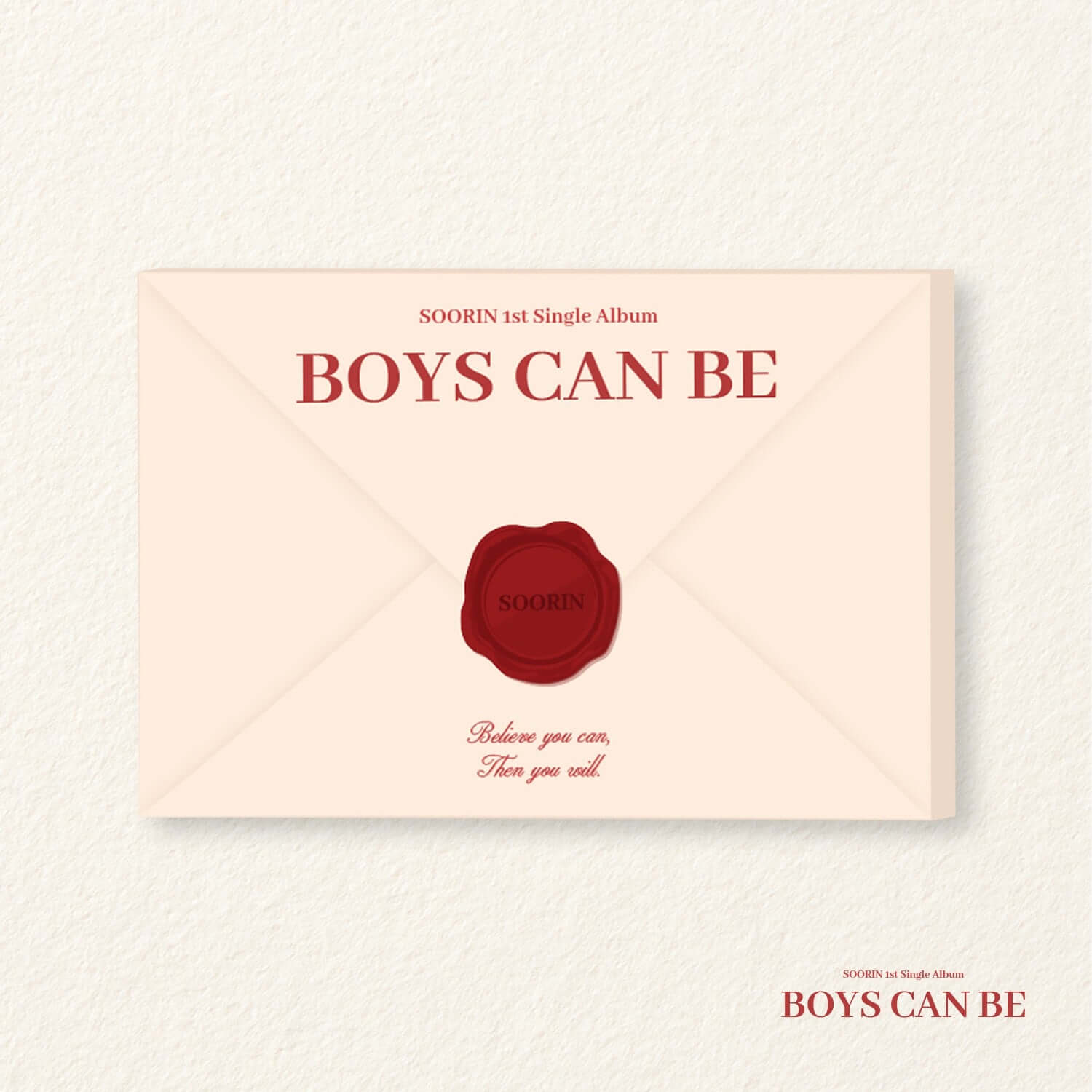 SOORIN - 1st Single Album [Boys Can Be] - Album Kpop : pochette beige et rouge, en face, style K-pop sur fond clair.