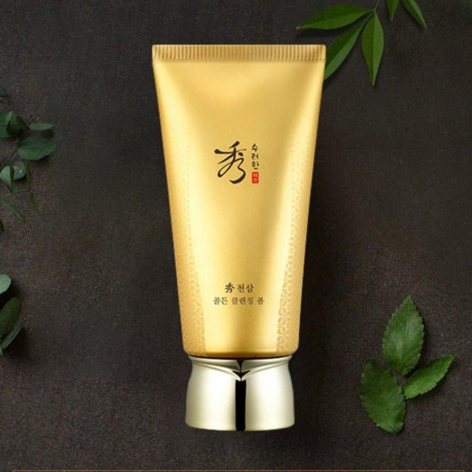 SOORYEHAN Cheonsam Golden Cleansing Foam 160ml, tube doré sur fond sombre avec feuilles vertes, marque SOORYEHAN