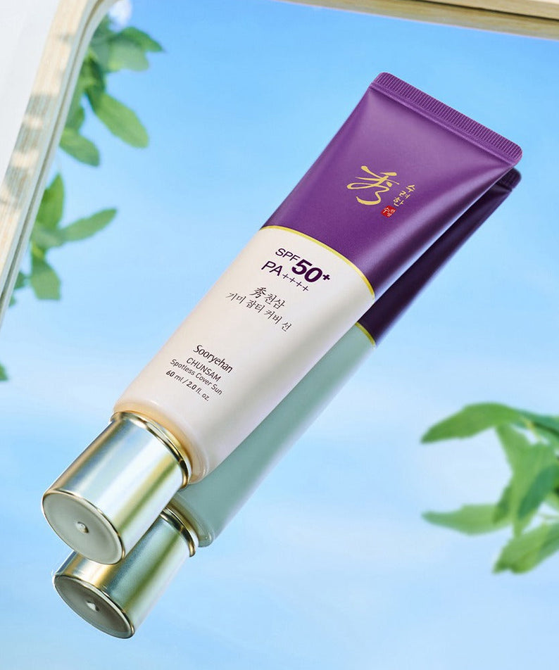 SOORYEHAN Hyobidam Fermented Sun Scream 60ml de marque SOORYEHAN, crème solaire SPF50+ en tube violet sur fond bleu