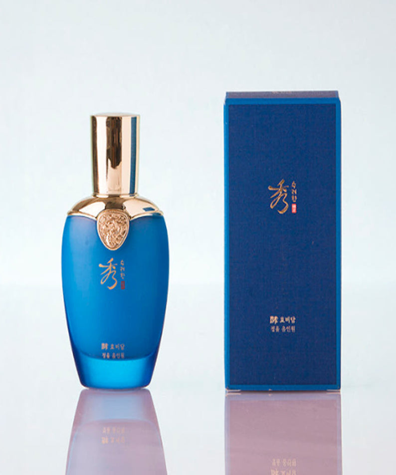 Décris l'image en français : SOORYEHAN Hyobidam Jeongyul All-in-One 100ml, flacon bleu et coffret sur fond blanc.
