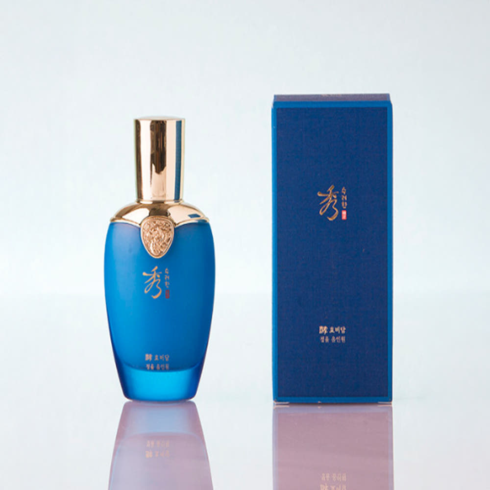 Décris l'image en français : SOORYEHAN Hyobidam Jeongyul All-in-One 100ml, flacon bleu et coffret sur fond blanc.