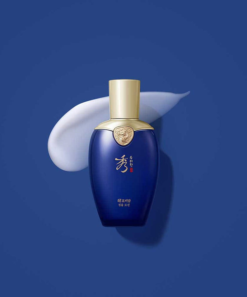 SOORYEHAN Hyobidam Jeongyul Lotion 130ml de marque SOORYEHAN, flacon bleu sur fond bleu, contexte visuel produit
