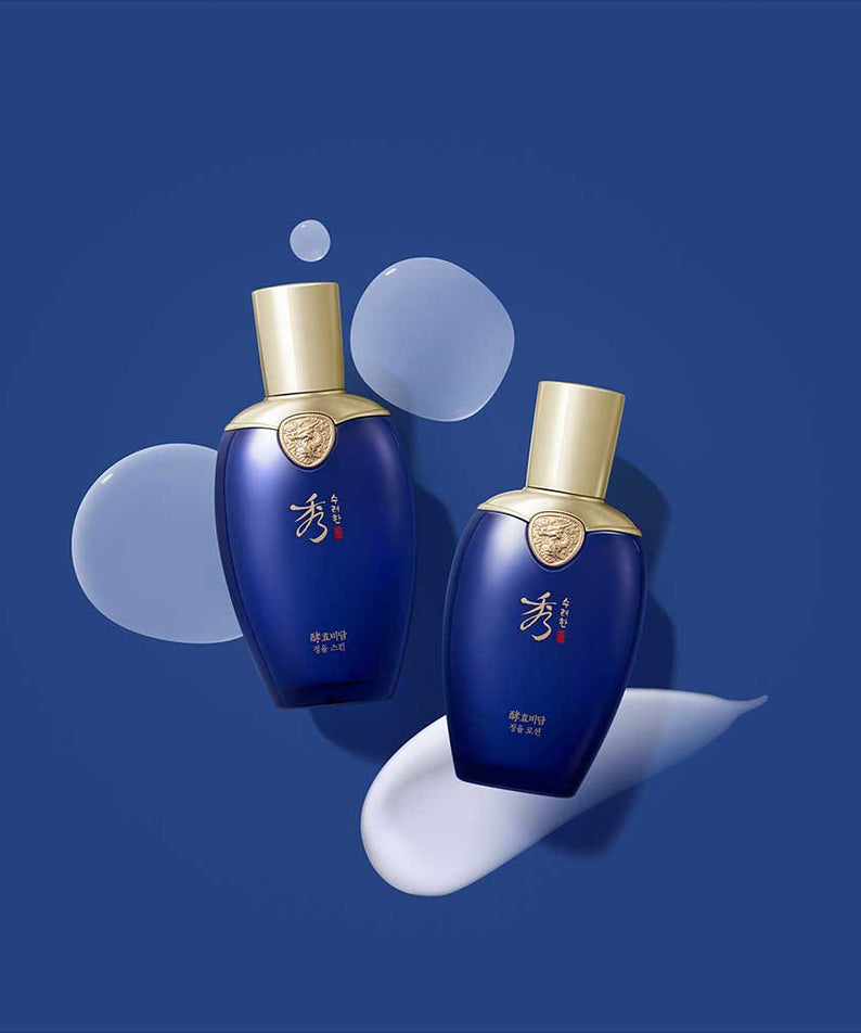 SOORYEHAN Hyobidam Jeongyul Lotion 130ml, flacons bleus de la marque, sur fond bleu avec bulles décoratives.