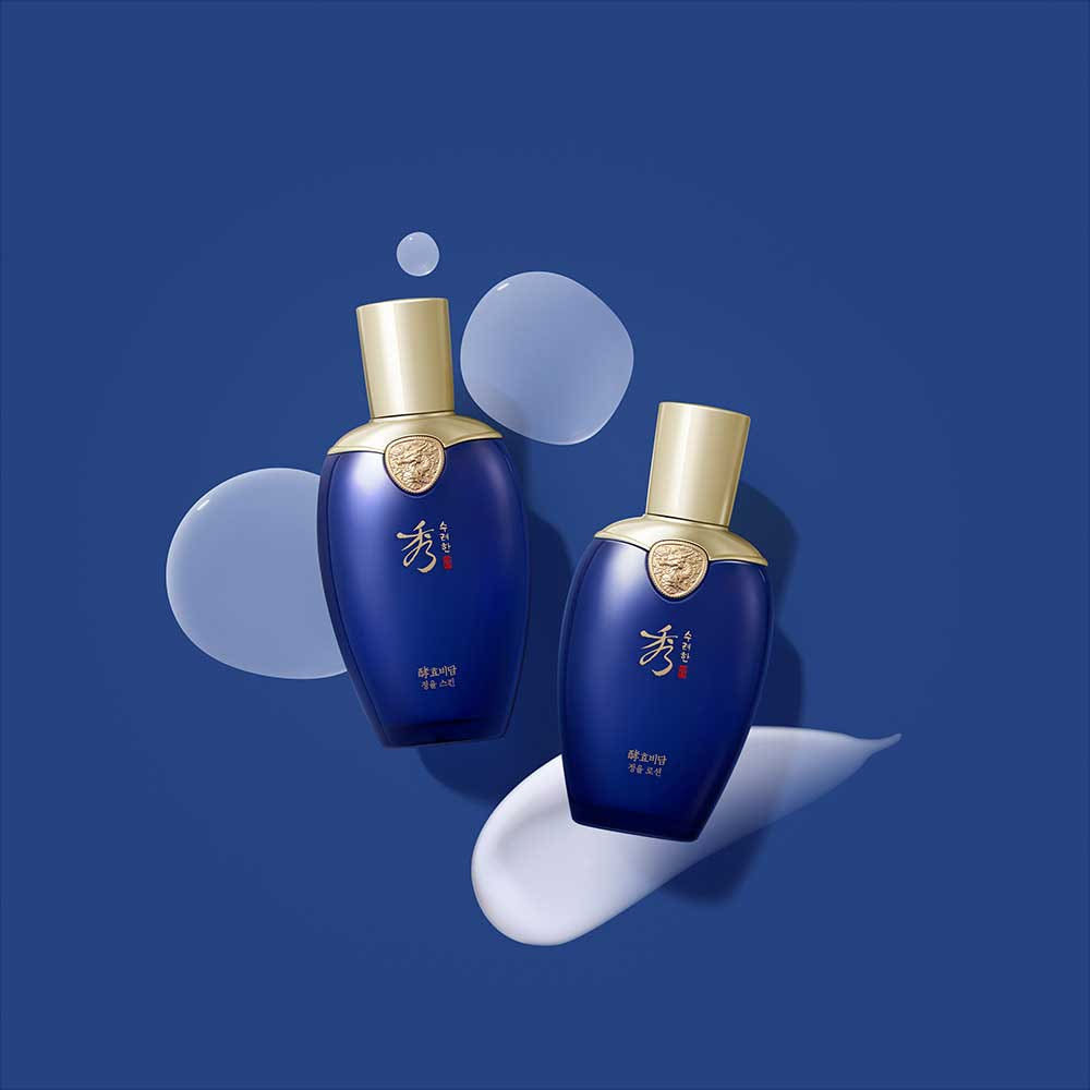 SOORYEHAN Hyobidam Jeongyul Lotion 130ml, flacons bleus de la marque, sur fond bleu avec bulles décoratives.