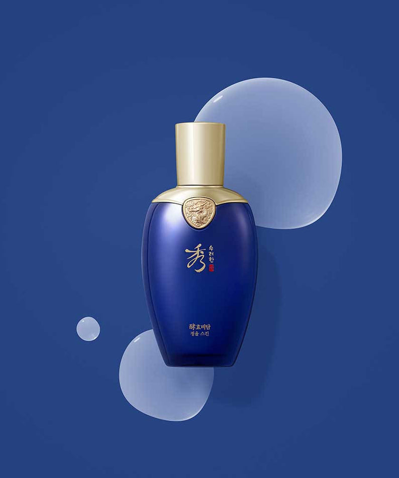 SOORYEHAN Hyobidam Jeongyul Lotion 130ml, flacon bleu et crème sur fond bleu, produit de la marque SOORYEHAN