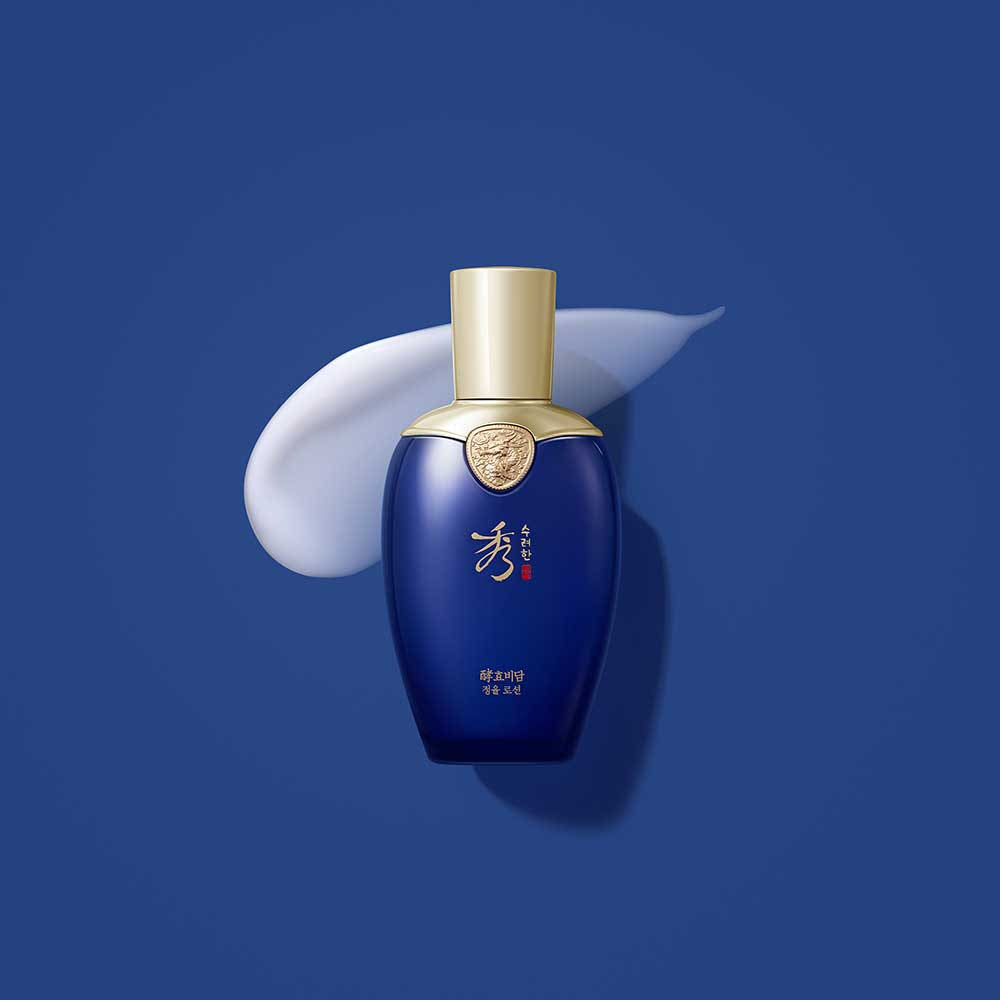 SOORYEHAN Hyobidam Jeongyul Skin 150ml, bouteille bleue et crème blanche sur fond bleu, marque SOORYEHAN