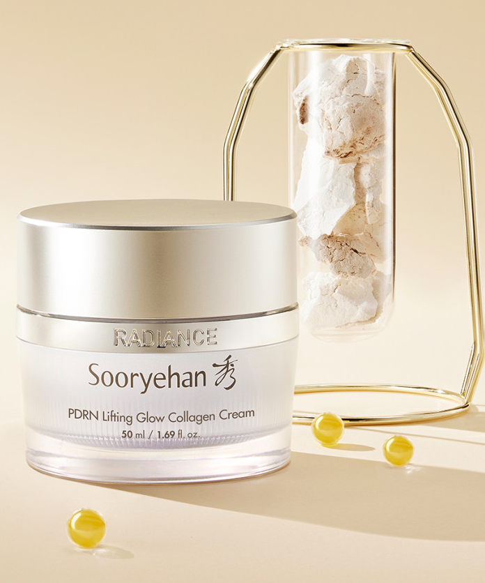 SOORYEHAN Radiance PDRN Elasticity Cream 50ml, crème visage au flacon blanc sur fond beige élégant.