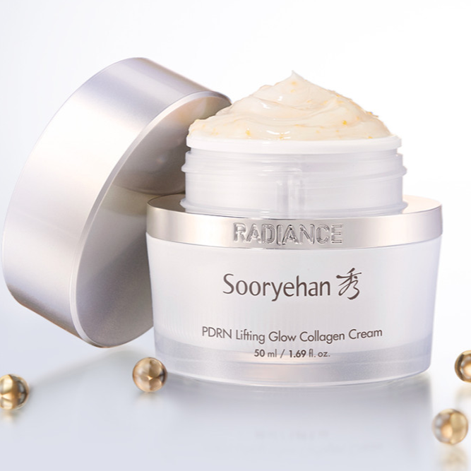 SOORYEHAN Radiance PDRN Elasticity Cream 50ml, crème lissante et éclat, marque Sooryehan, pot ouvert sur fond blanc.