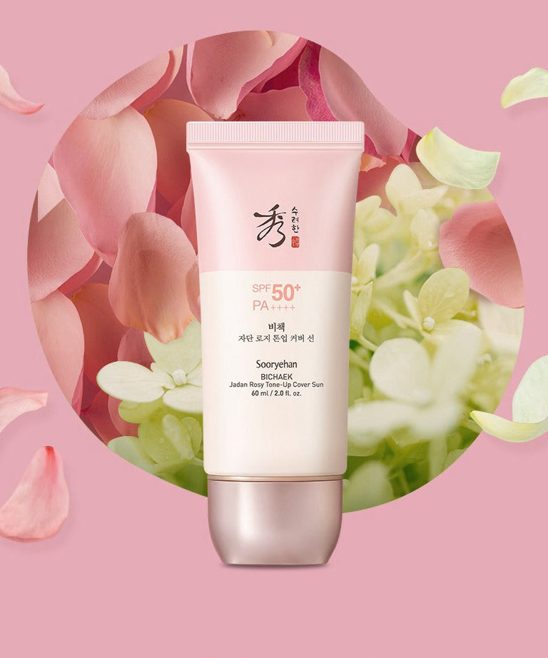 Crème solaire SOORYEHAN Bichaekjadan Rosy Tone-up Cover Sun 60ml avec SPF 50+, fond de pétales rosés élégants.