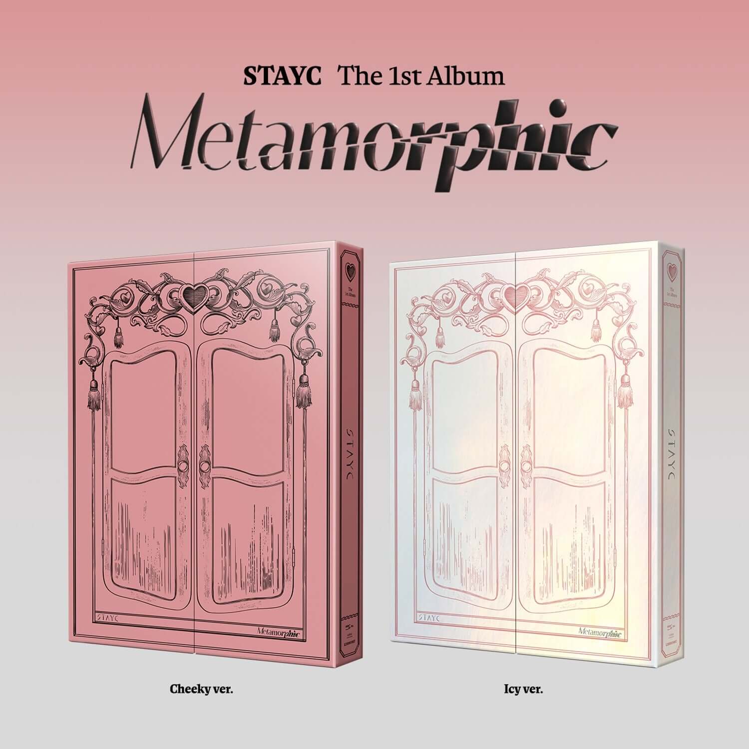 STAYC - 1st Album [Metamorphic] (Cheeky Ver. / Icy Ver.) (Random) - Album Kpop, coffrets rose et blanc sur fond pastel