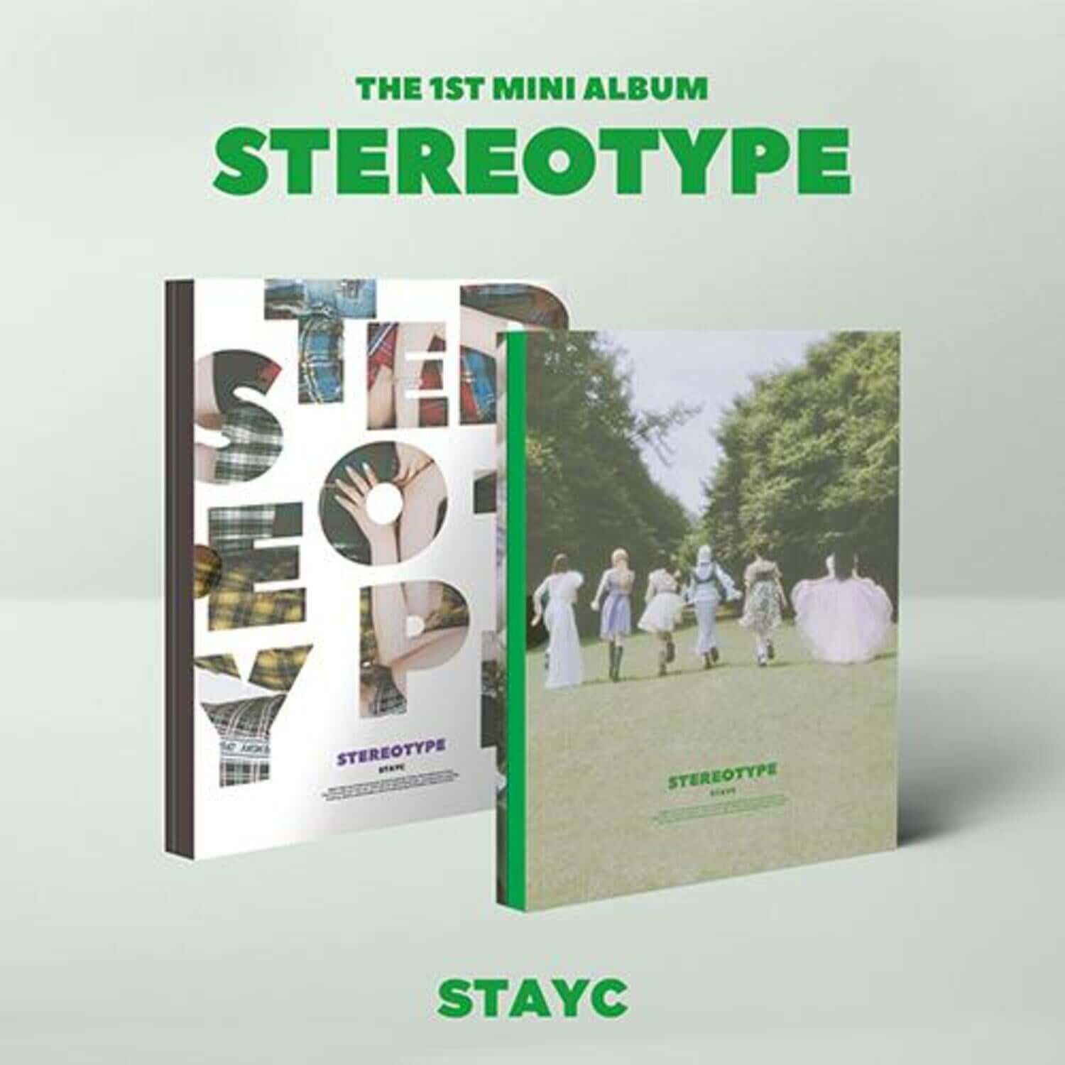 STAYC - 1st Mini Album : STEREOTYPE [2 Random 1] - Album Kpop, visuel packshot sur fond vert, concept photo du groupe.