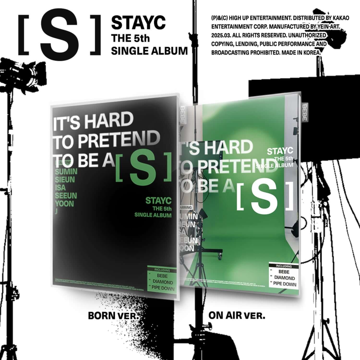 STAYC - 5th Album [S] (2 Random 1) - Album Kpop de STAYC : visuel noir et vert, coffret “ON AIR/ BORN VER”.