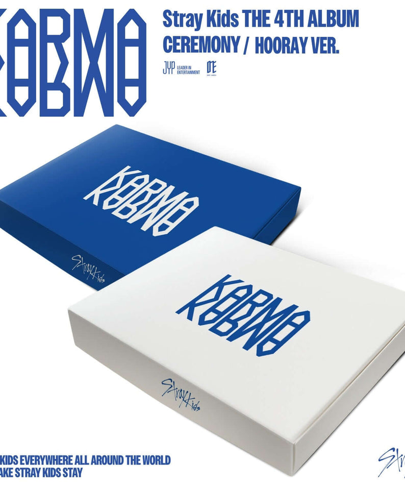 STRAY KIDS - 4th Album [KARMA] (CEREMONY VER., HOORAY VER.) (Random) - Album Kpop : coffrets sur fond blanc, visuel produit.