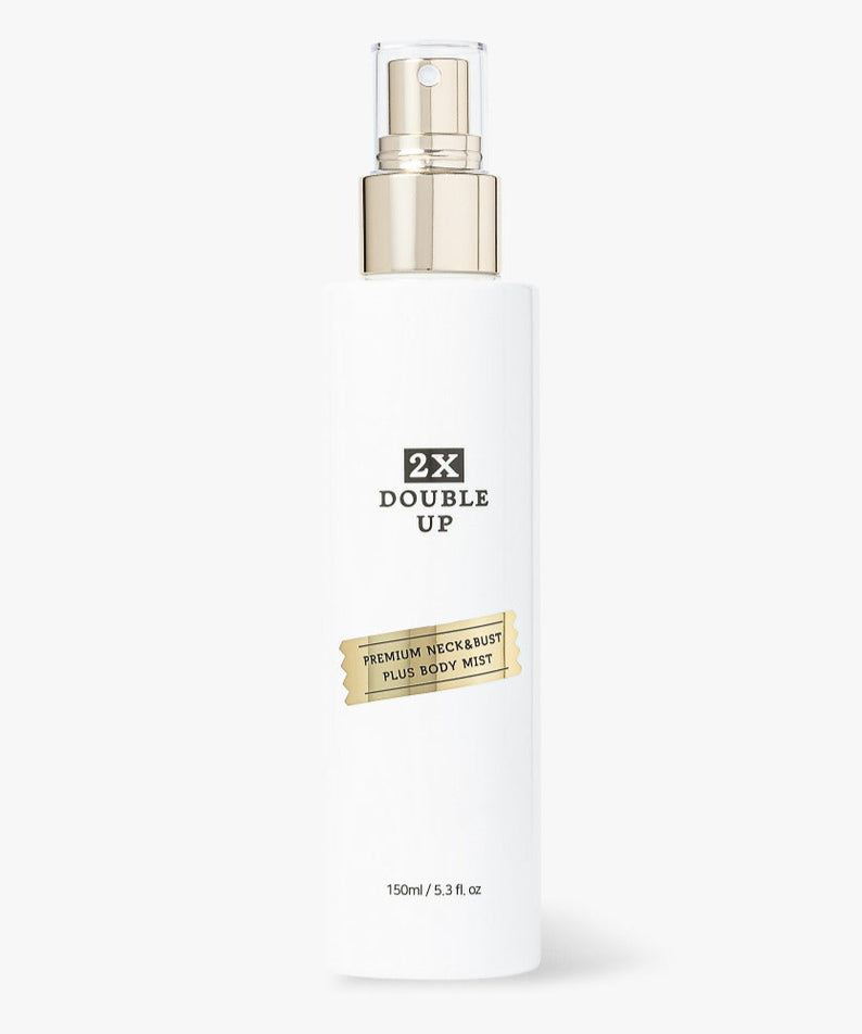 SUELO 2X Double Up Neck & Bust Body Mist 150ml : flacon blanc et or sur fond clair, marque Suelo, visuel produit.