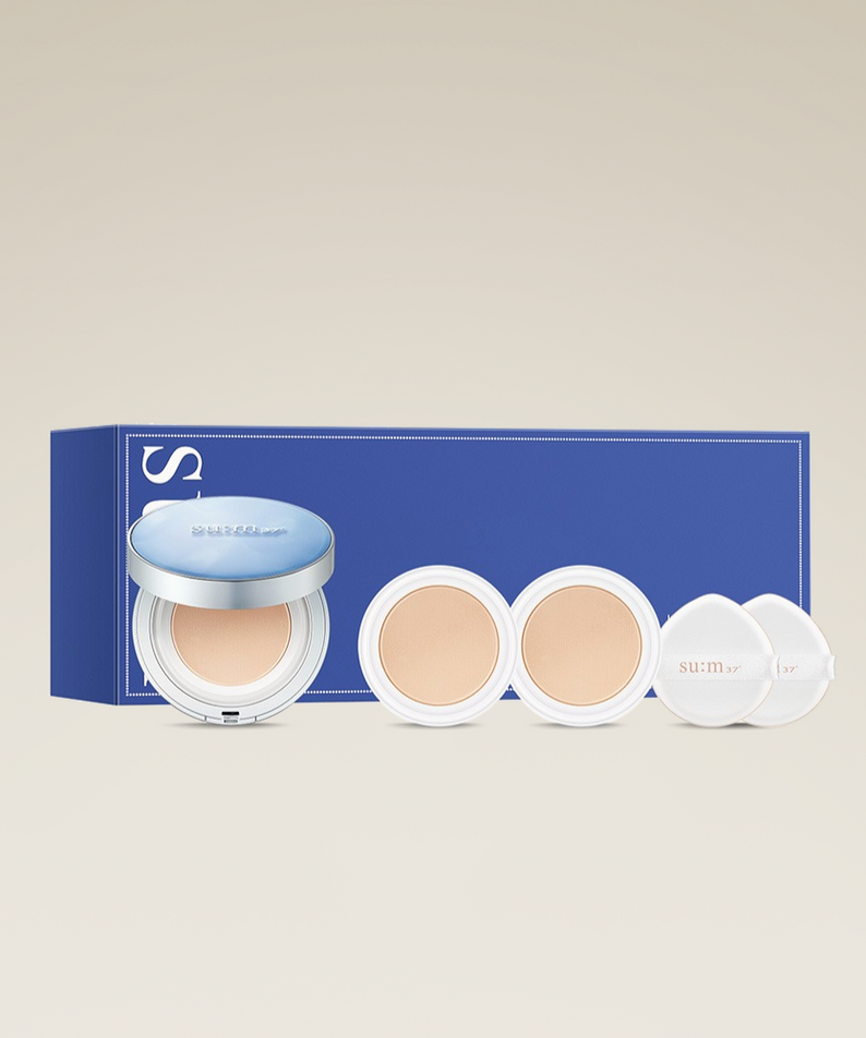 Coffret SU:M37 Water-full mesh cushion glow set 01 avec coussin et recharges, fond de teint lumineux hydratant.