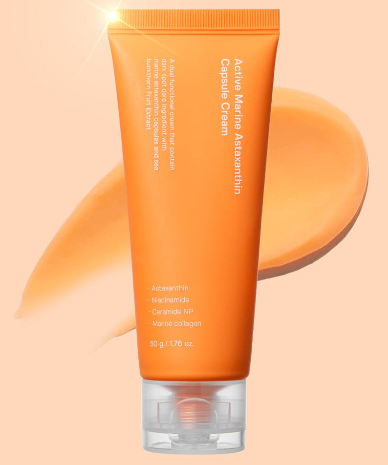 SUNGBOON EDITOR Active Marine Astaxanthin Capsule Cream 50g, tube orange sur fond beige, marque SUNGBOON en contexte visuel.