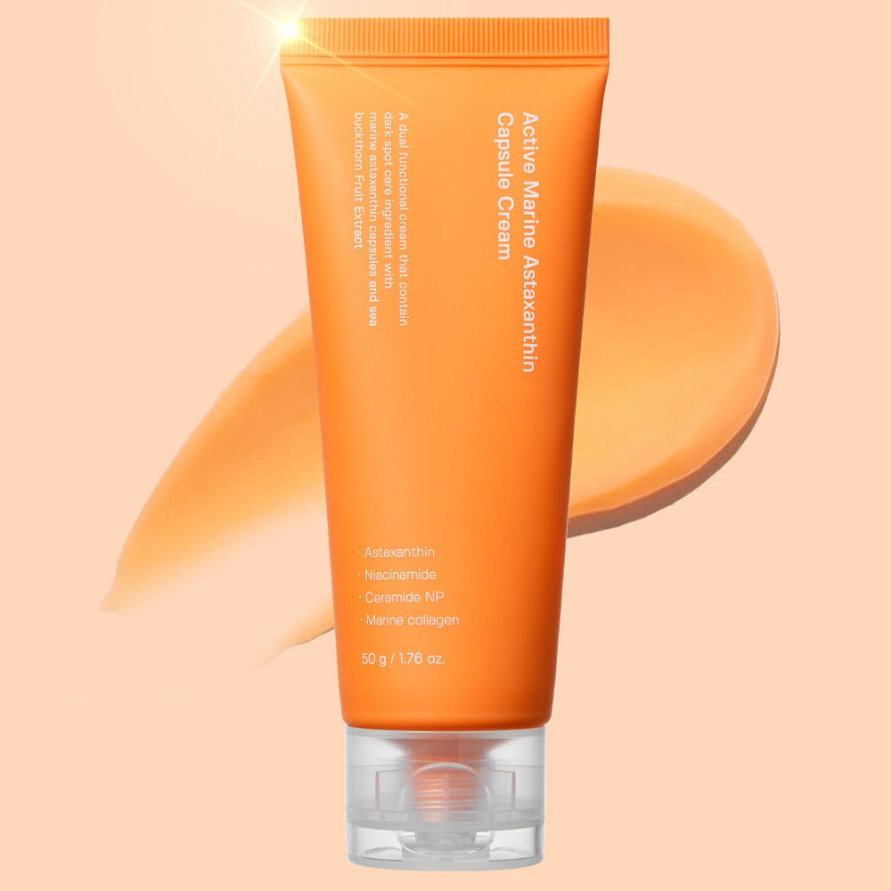 SUNGBOON EDITOR Active Marine Astaxanthin Capsule Cream 50g, tube orange sur fond beige, marque SUNGBOON en contexte visuel.