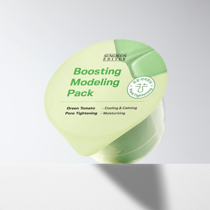 Décris l'image en français : SUNGBOON EDITOR Boosting Modeling Pack Green Tomato Pore Tightening, pot vert, vue produit