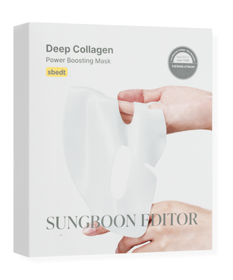 SUNGBOON EDITOR Deep Collagen Power Boosting Mask - 1 Mask, masque hydratant en main, emballage face, fond clair